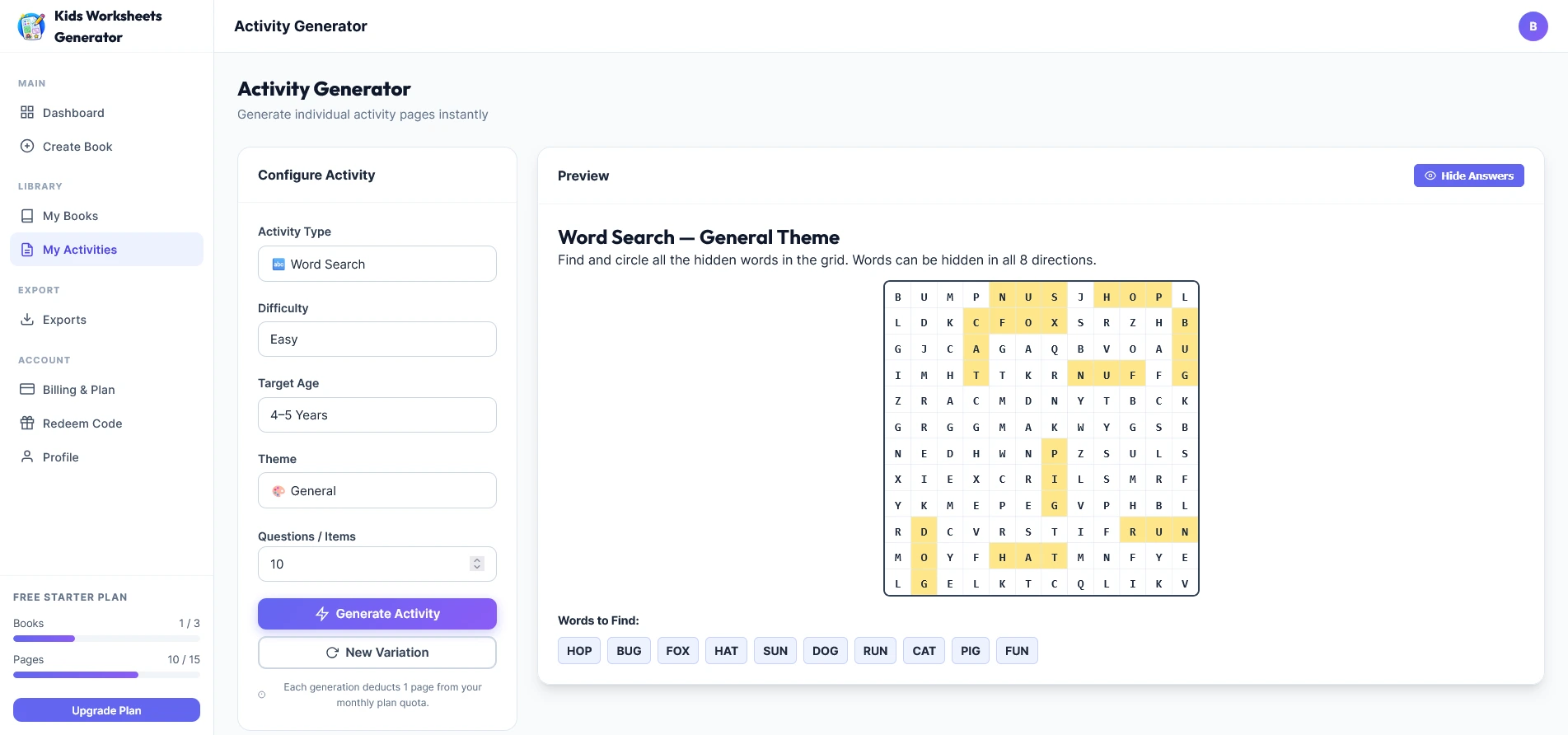 Activity Generator with answer keys generated automatically